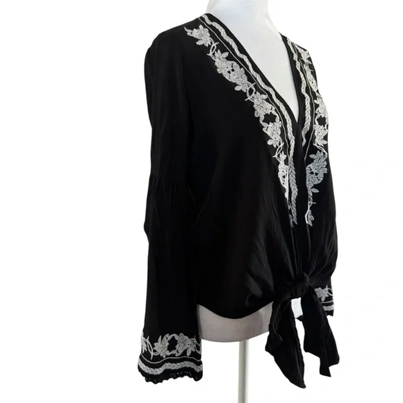 Lovestitch Black Embroidered Boho Tie-Front Top | L - Picture 5 of 11